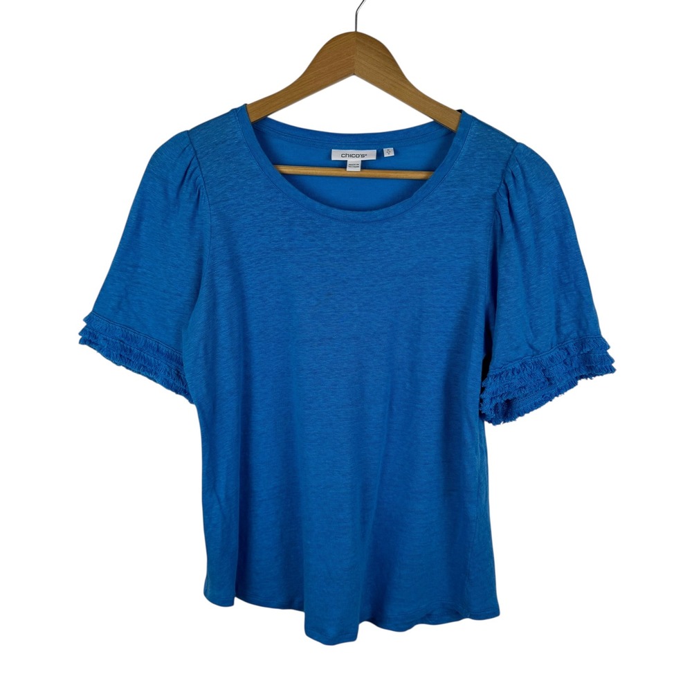 Chicos 100% Linen Fringe Sleeve Top Sz 0 Small Blue Resort Beachy Coastal Cruise